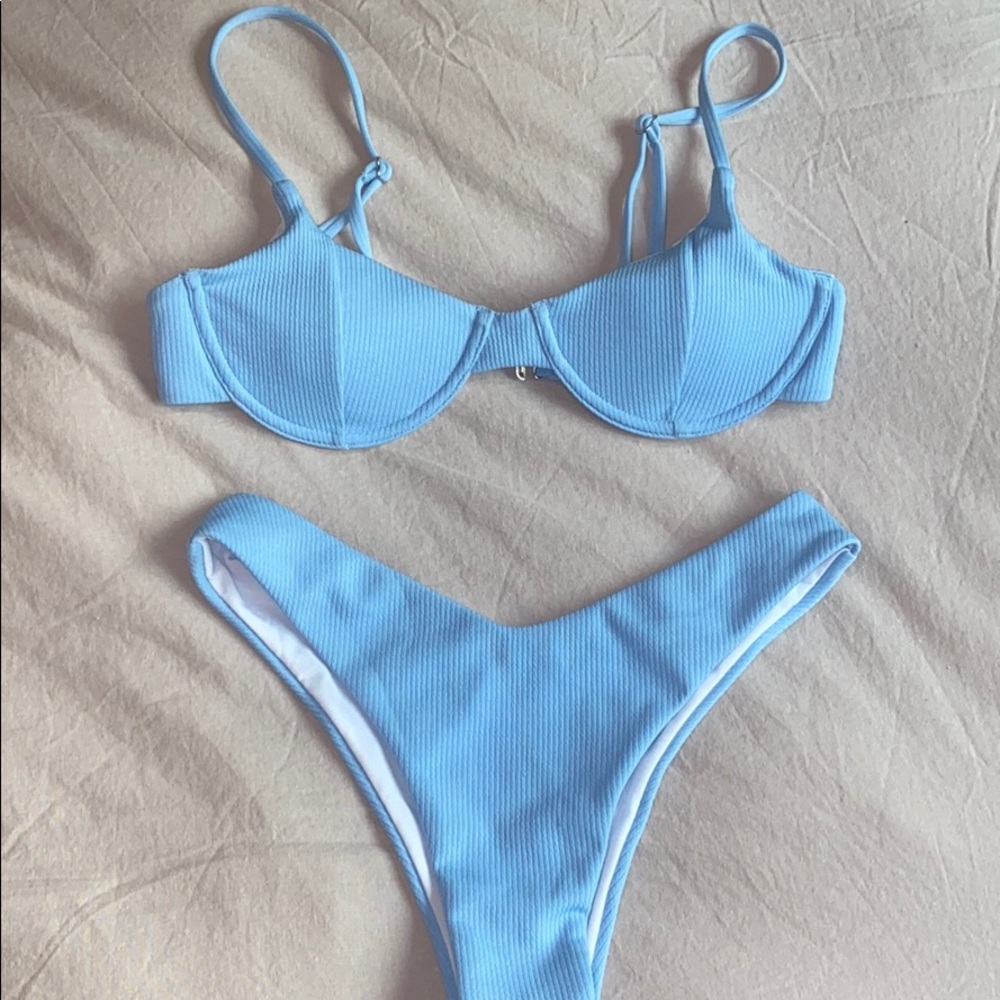 Zaful Blue Ribbed Bikini Set